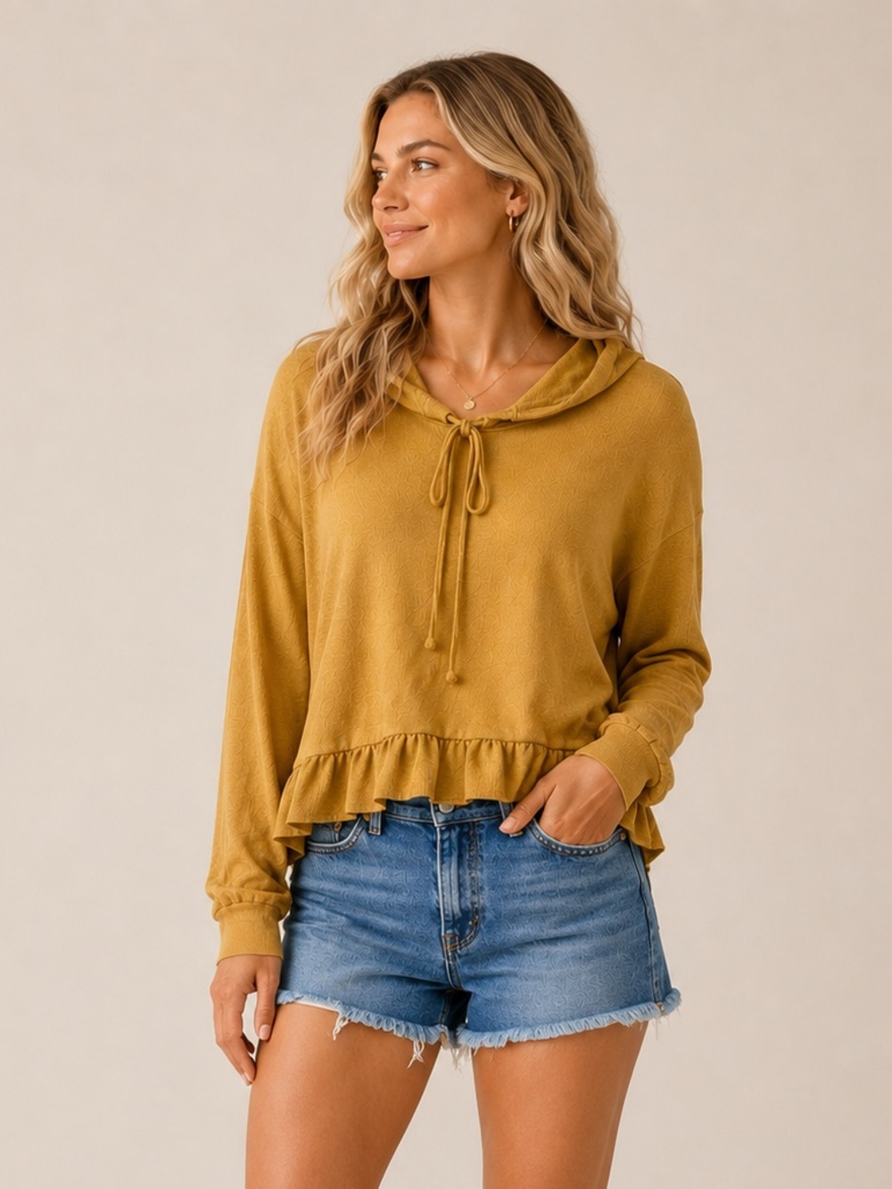 MTS Yellow Relaxed Ruffled Tie Front Hoodie